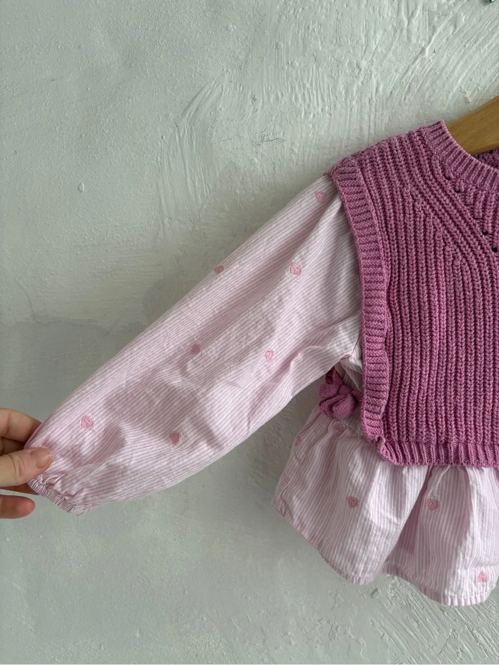 Zara Kids Heart Embroidery Shirt with Knitted Vest